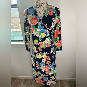 CHAPS Ralph Lauren Women Jersey Moc Wrap Gathered Blue Orange Dress Stretch  S